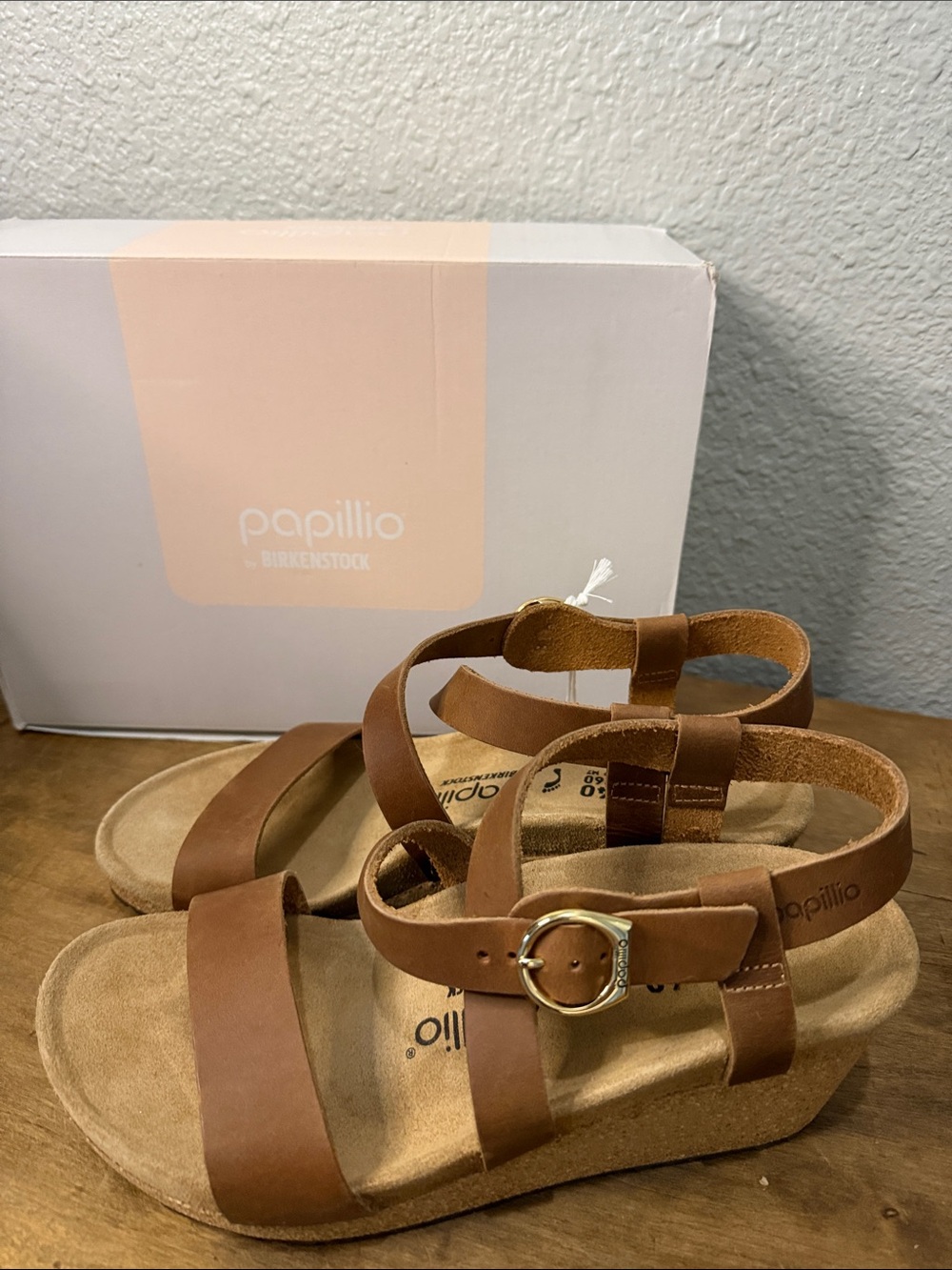 Papillio by Birkenstock Tan Leather Wedge Sandals with Gold Buckle size 9 EU 40